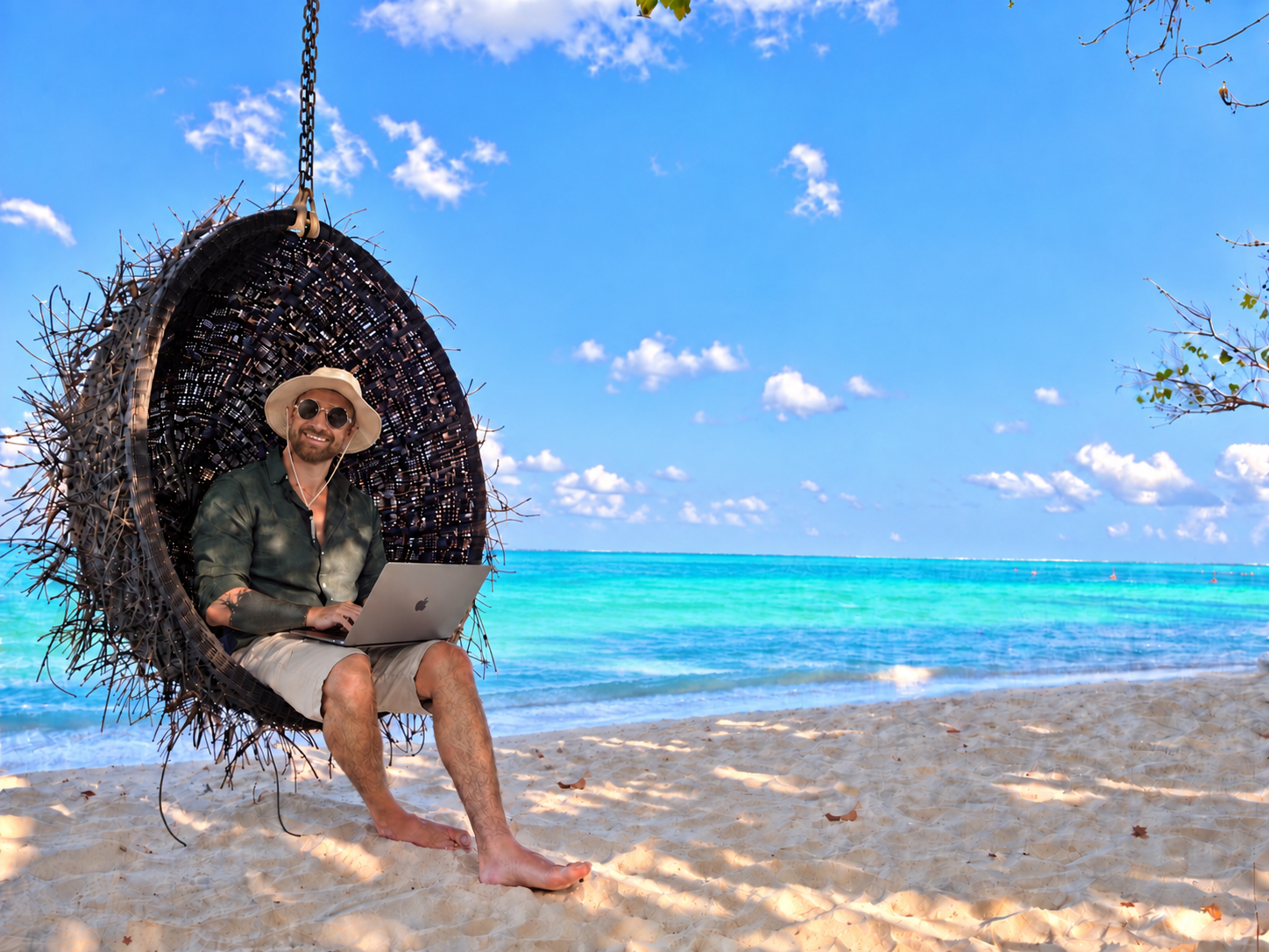 Traveller working online beside the sea